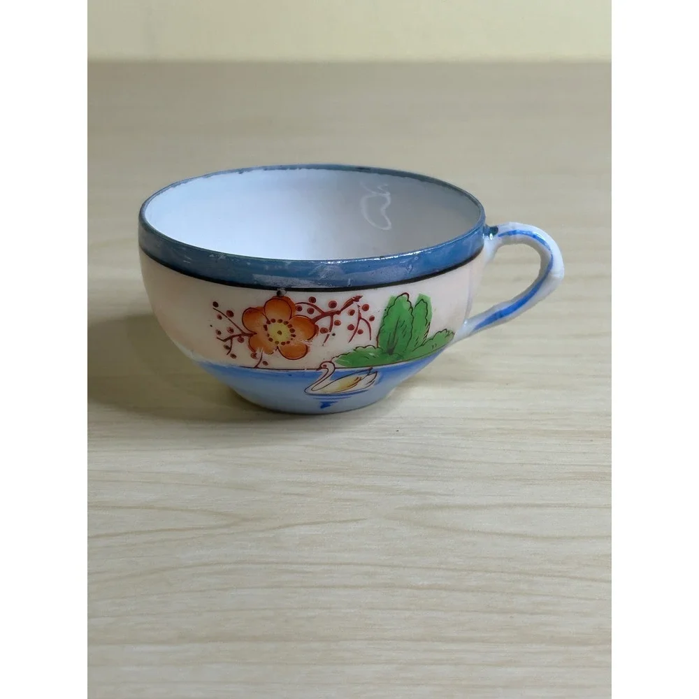 Vintage‎ Miniature Lusterware Tea Set Hand Painted Swan Landscape 17 Piece Set